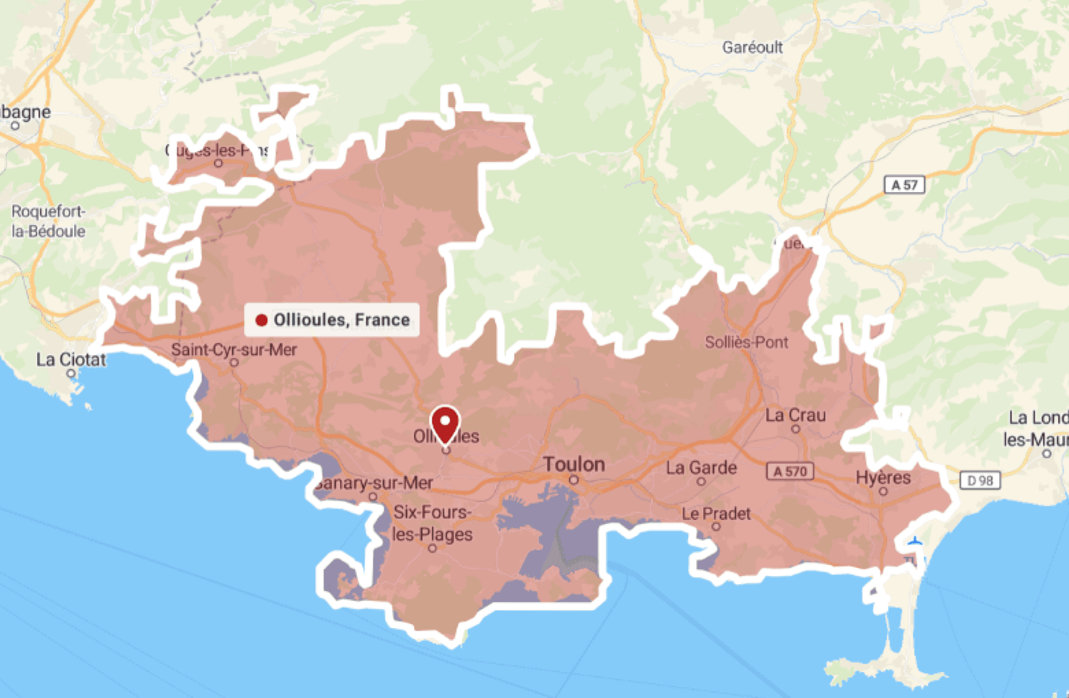 Carte de la zone d'intervention autour d'Ollioules en PACA